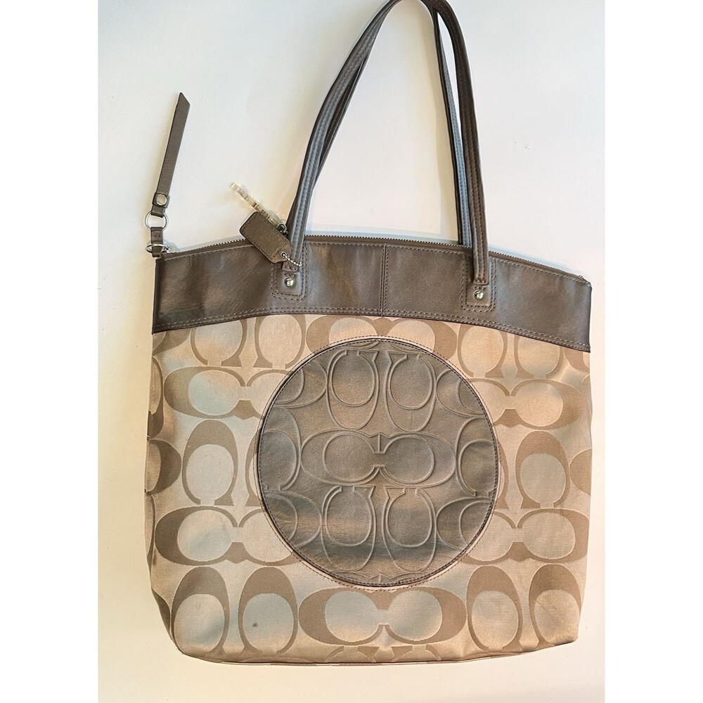 Coach Laura Tote Bag Khaki Bronze Signature C Jacquard Leather Vtg Y2K F18335